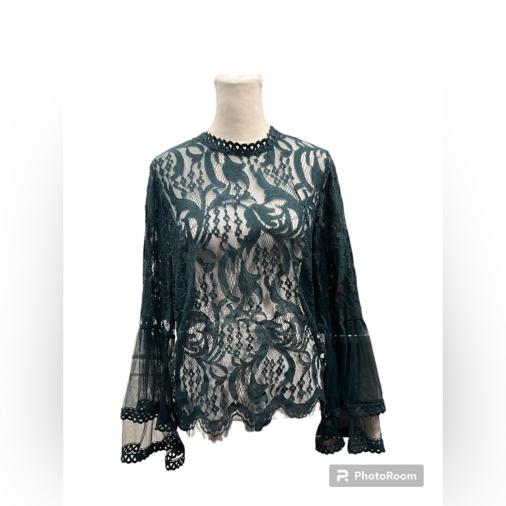 Ultra Pink Dark Green Floral Lace Bell Sleeve Blouse Top Large Boho Sheer